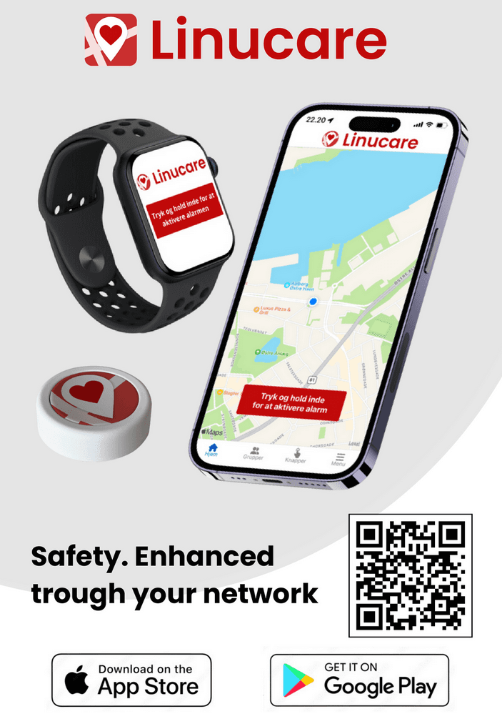 Linucare app på telefon, Apple Watch og tryghedsknap