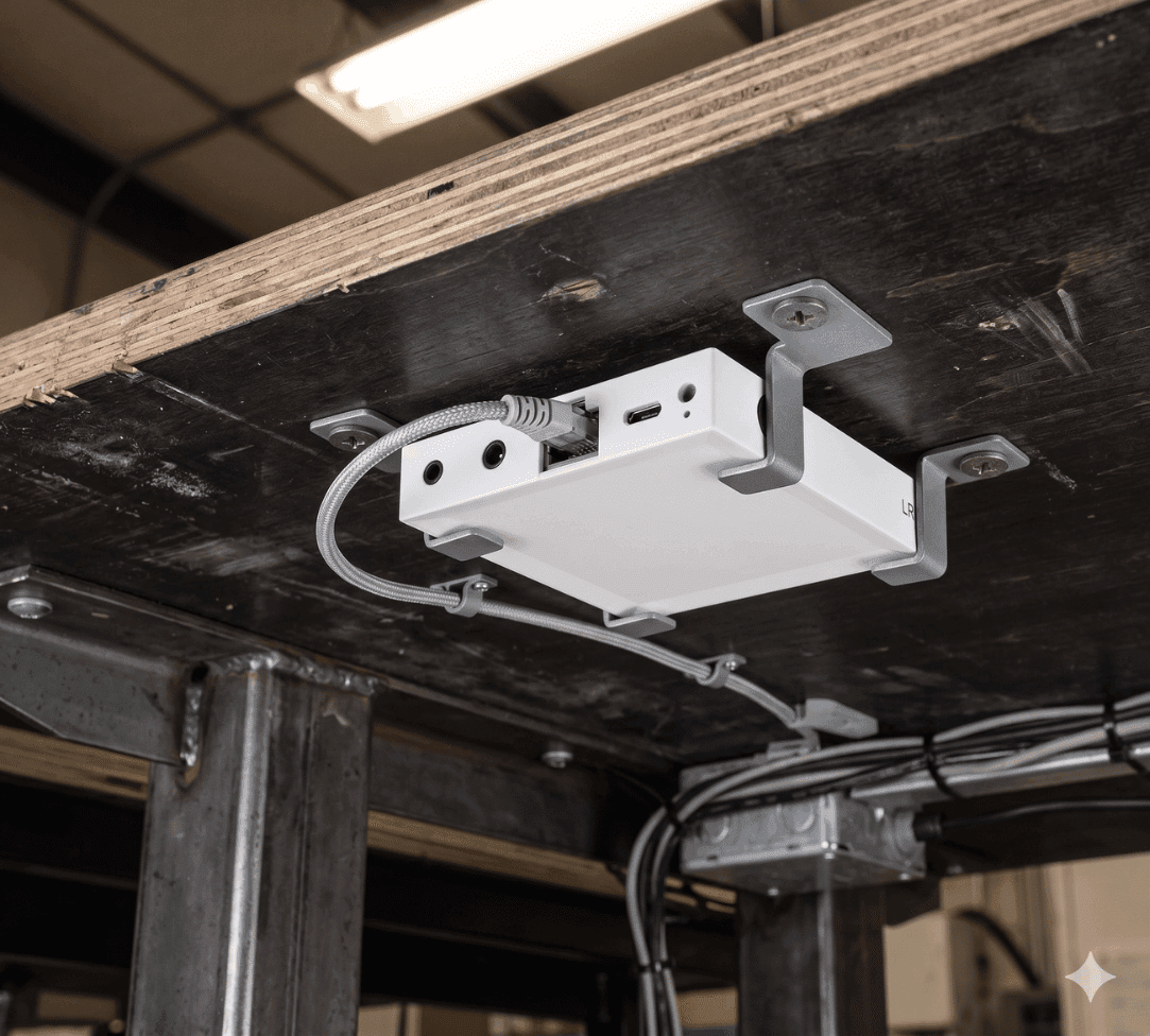 Linucare Hub integrated under an industrial workbench, discreet and always active.